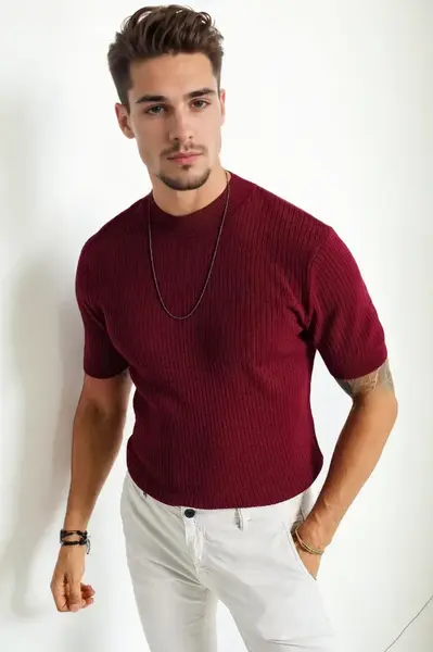 33307 Dewberry Mens Crew Neck Short Sleeve Thin Knit Sweater-BORDEAUX