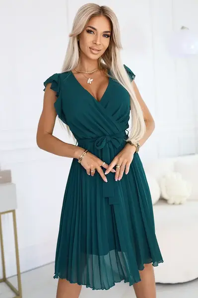 374-8 POLINA Pleated dress with a neckline and ruffles - green