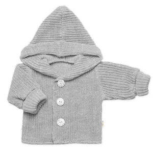 Baby Nellys Pletený svetřík s kapucí a knoflíčky Made with Love, šedý