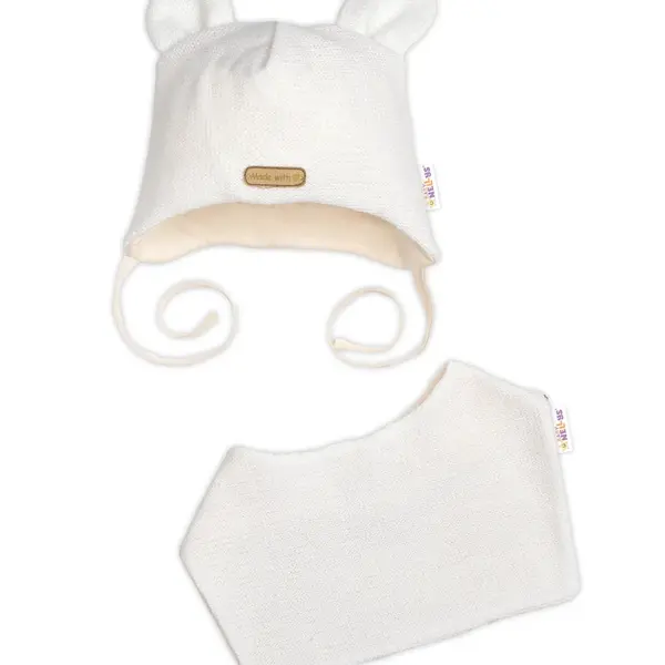Baby Nellys Pletená čepice s šátkem 2v1, Teddy Hand made - kokosové bílá, 68/74