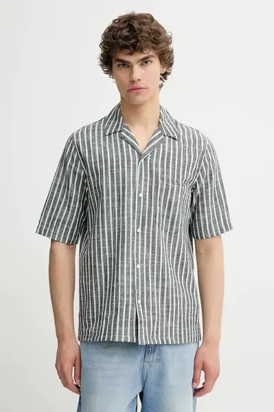 Košile s příměsí lnu Samsoe Samsoe SAOSCAR tmavomodrá barva, regular, M24200074