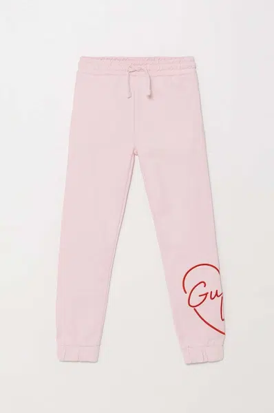 Dětské bavlněné tepláky Guess růžová barva, s aplikací, J4YQ16 KA6R3