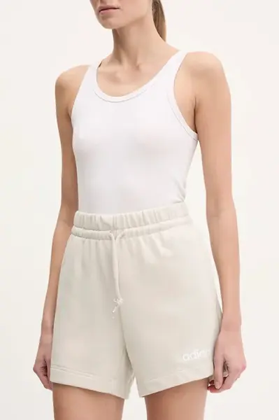 Kraťasy adidas Essentials Linear dámské, béžová barva, s potiskem, high waist, JD3170