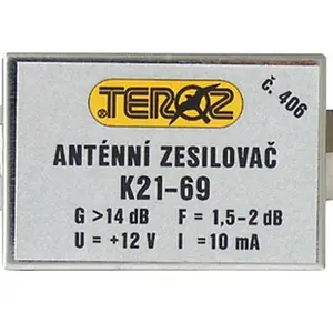 Anténní zesilovač TEROZ 406X, nízkošumový, UHF, G14dB, F1,5dB, U98dBμV, F-F