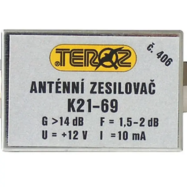 Anténní zesilovač TEROZ 406X, nízkošumový, UHF, G14dB, F1,5dB, U98dBμV, F-F