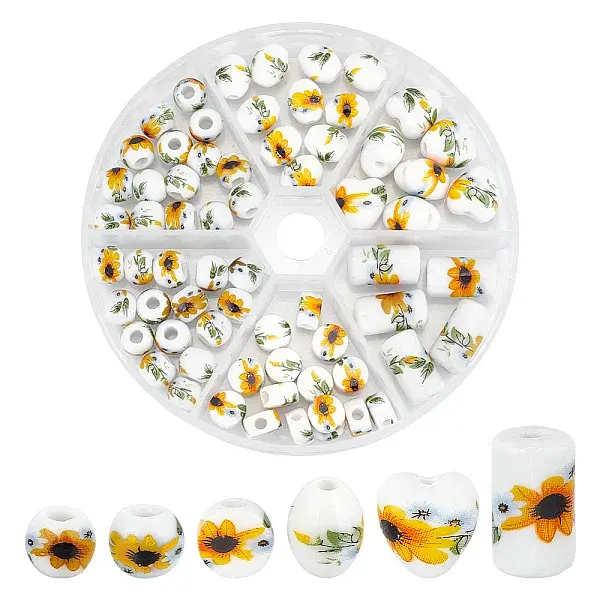 72Pcs 6 Styles Floral Printed Porcelain Beads