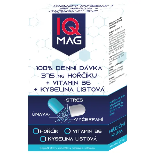 IQ MAG hořčík 375 mg + B6 + kyselina listová 30 kapslí