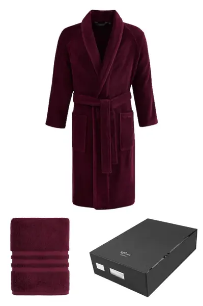 Pánský župan PREMIUM v dárkovém balení s ručníkem S + ručník 50x100cm + box Bordó