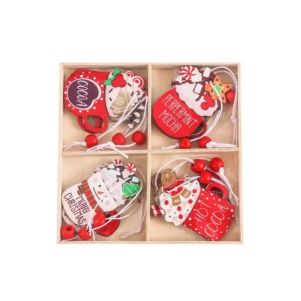 Sada vianočných drevených ozdôb HOT DRINKS, 12 ks