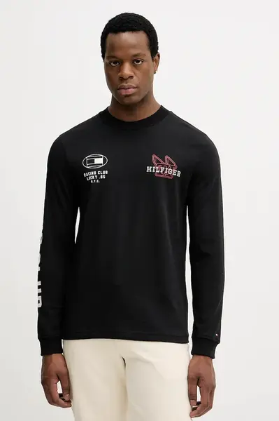Bavlněné tričko s dlouhým rukávem Tommy Hilfiger černá barva, s potiskem, MW0MW41467