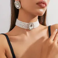 Oval Brass & Glass & Plastic Pearl Beaded Chain Collar & Stud Earrings Sets