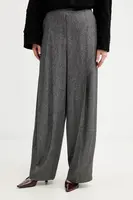 Kalhoty s příměsí vlny BOSS Telda dámské, šedá barva, high waist, 50548212