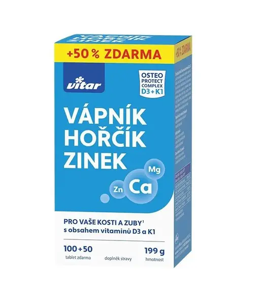 Vitar Vápník + hořčík + zinek + vit.D3 + vit.K1 100+50 tablet