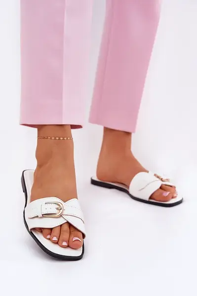 Boto Ploché Dámské Pantofle Se Zlatou Přezkou Bílé Esiobb