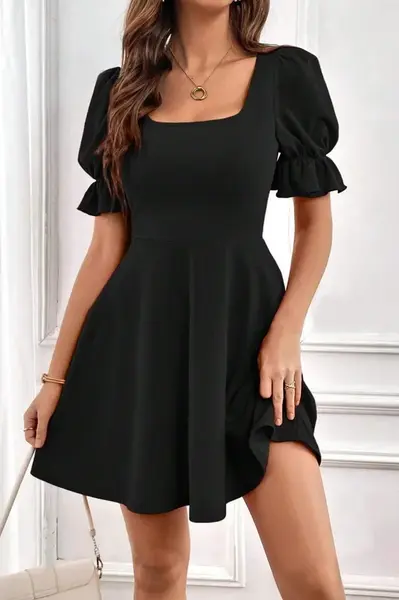 48753 Dewberry Mini Size Balloon Sleeve Crepe Dress-BLACK