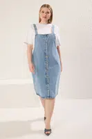Trendyol Curve Blue Button Front Suspender Rigid Denim Plus Size Dress
