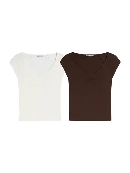 Bershka Tričko  čokoládová / biela