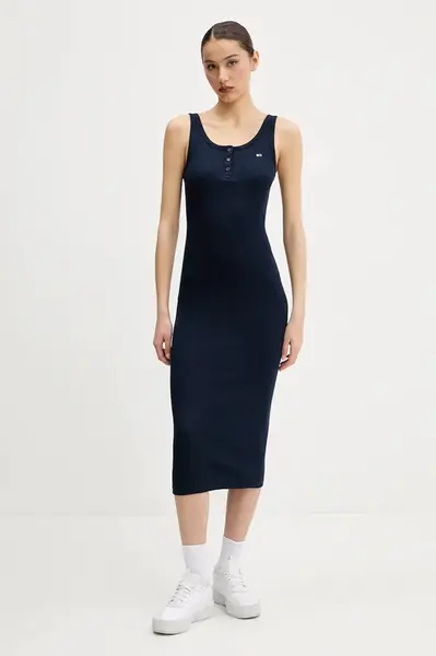 Bavlněné šaty Tommy Jeans tmavomodrá barva, midi, přiléhavé, DW0DW19477