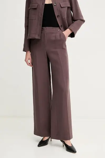 Kalhoty s příměsí lnu Pedro del Hierro hnědá barva, high waist, 7609762