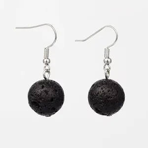 Natural Lava Rock Gemstone Round Dangle Earrings