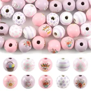 40Pcs 10 Colors Easter Theme Printed Wood Beads