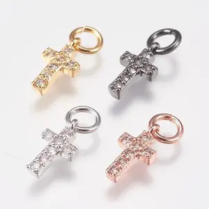 Brass Micro Pave Cubic Zirconia Tiny Cross Charms