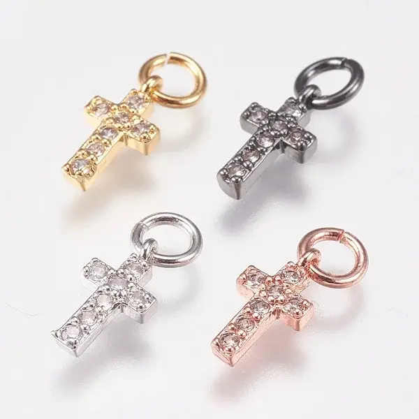 Brass Micro Pave Cubic Zirconia Tiny Cross Charms