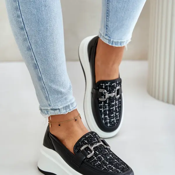 Women's leather moccasins on platform with Vinceza decoration black