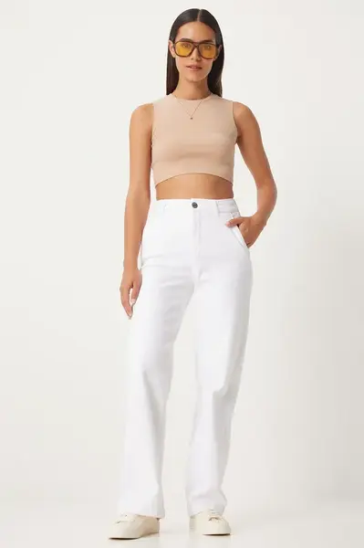 Happiness İstanbul Women's White Wide Leg High Waist Jeans