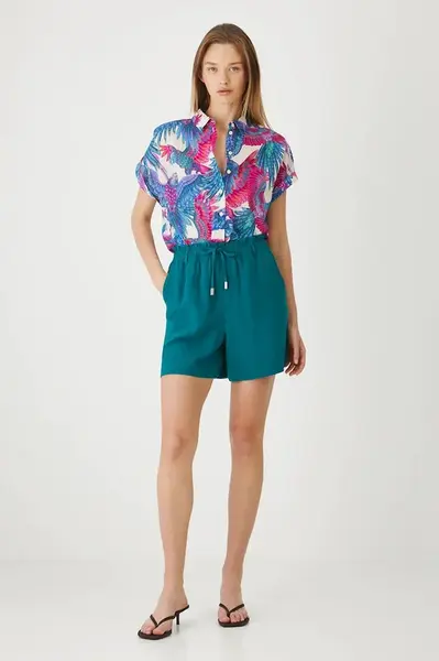 Šortky s příměsí lnu Medicine dámské, zelená barva, medium waist