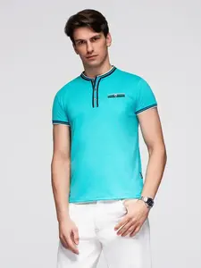 Ombre Men's henley t-shirt with decorative ribbing - turquoise