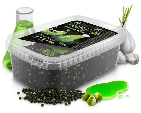 Delphin pelety reaxe ready&go pellet box + booster a nástrahy česnek-butyric 400 g
