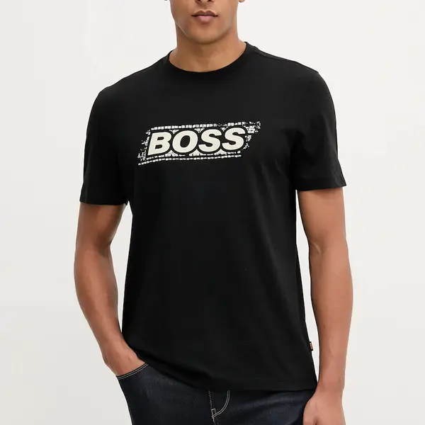 Bavlněné tričko BOSS Orange pánské, černá barva, s potiskem, 50546381