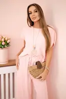 Kesi Włoski Viskózový komplet plisovaná halenka + kalhoty pudrově růžová