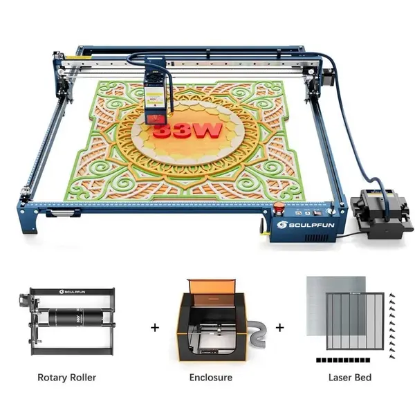 SCULPFUN S30 Ultra 33W Laser Cutter + 660*660mm Laser Bed + Rotary Roller