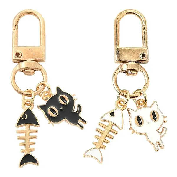 2Pcs Cat & Fishbone Alloy Enamel Pendant Decorations