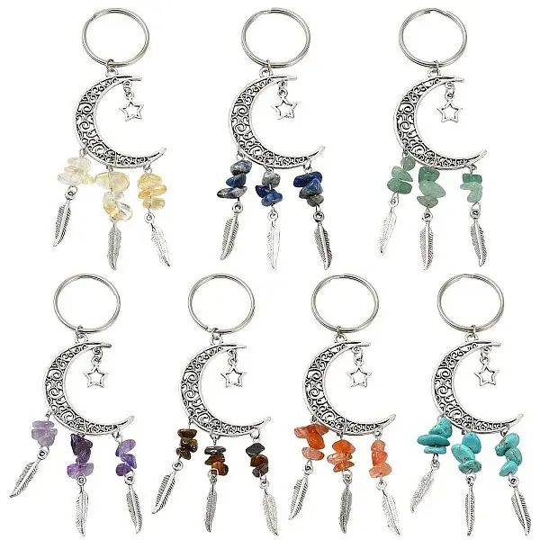 7Pcs 7 Colors Alloy Moon with Star Pendant Keychains