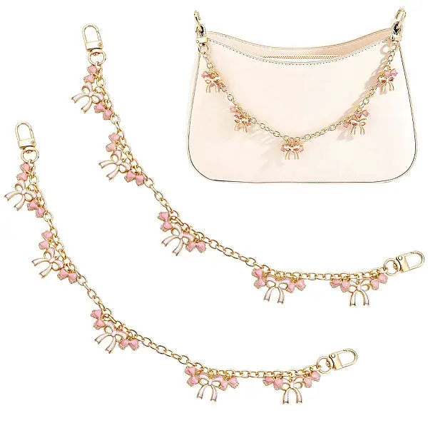 2Pcs Alloy Enamel Pink Bowknot Charm Cable Chain Purse Decorative Chains