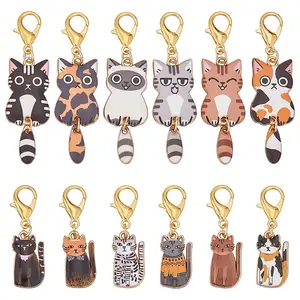12Pcs 12 Styles Cat Alloy Enamel Pendant Decorations