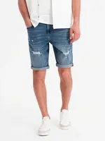 Ombre Men's short denim shorts with rubbing and rolled up leg - blue
