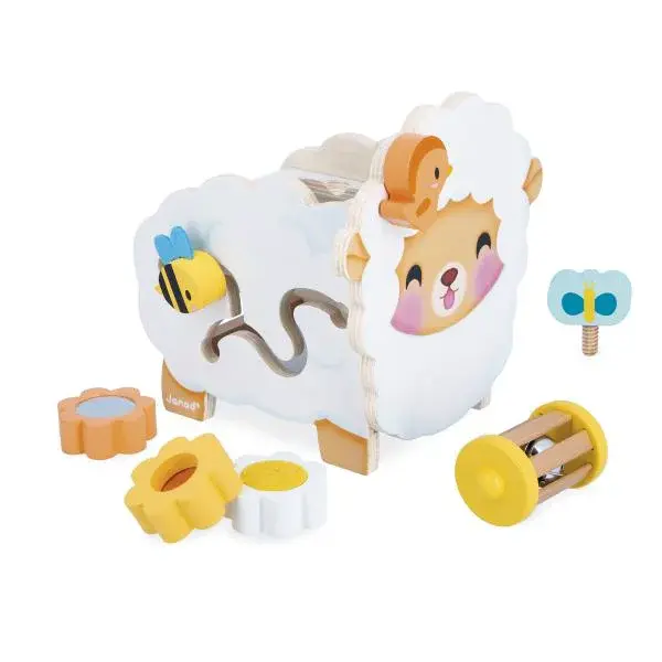 Janod Farma Dřevěná motorická hračka Ovečka s mnoha aktivitami