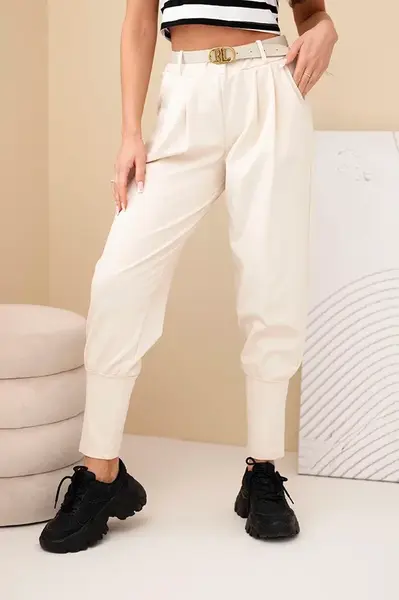 Kesi Włoski Dámské bavlněné kalhoty s vysokým pasem a páskem béžová