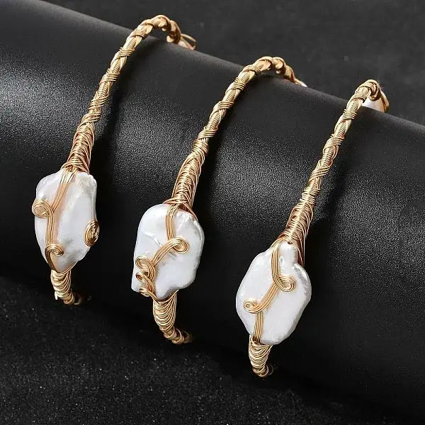 Brass Wire Wrapped Natural Baroque Pearl Cuff Bangles for Women