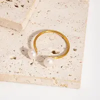 Natural Pearl Stainless Steel Adjustable Open Cuff Rings for Women