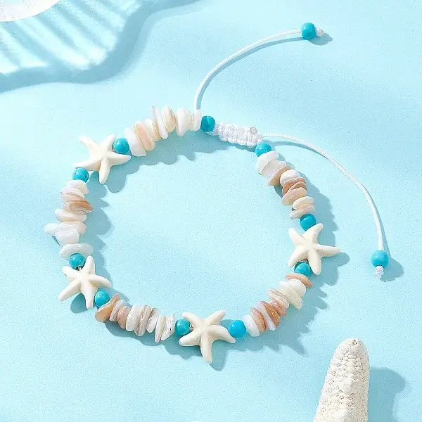 Synthetical Turquoise & Natural Shell Beads Braided Bead Bracelets