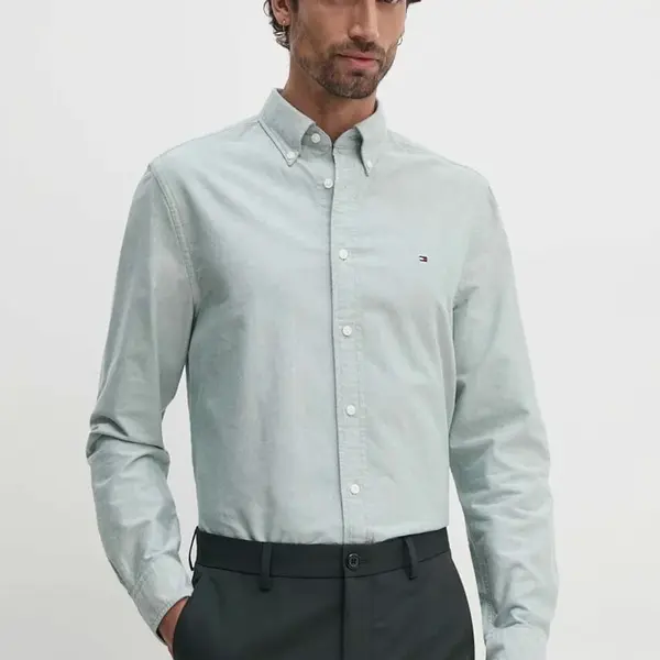 Bavlněná košile Tommy Hilfiger zelená barva, regular, s límečkem button-down, MW0MW35774