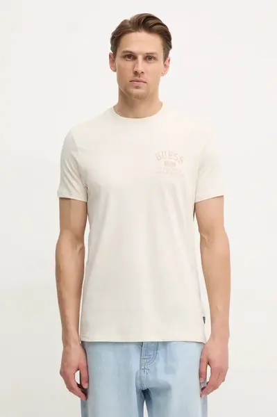 Bavlněné tričko Guess béžová barva, s potiskem, M5RI86 K9RM1