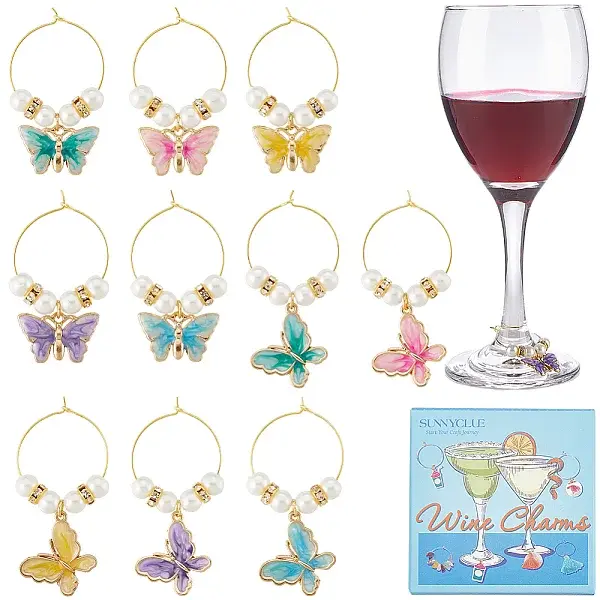 10Pcs 10 Styles Butterfly Alloy Enamel Charms Wine Glass Charms