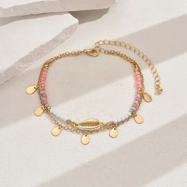 Plastic Round Beaded & Brass Shell Shape Link Teardrop Tassel Double Layer Anklets for Women