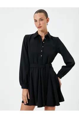 Koton Mini Balloon Sleeve Dress with Flounce, Belted Waist, Buttons